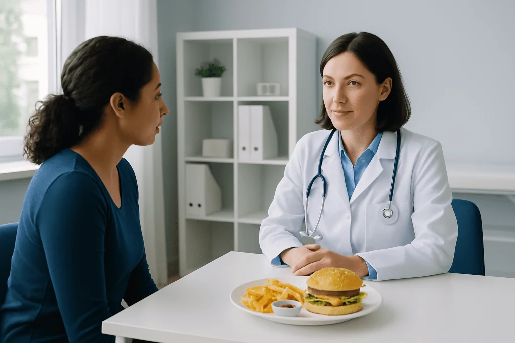 Doctor discussing healthy eating with patient at clinic table with burger and fries.