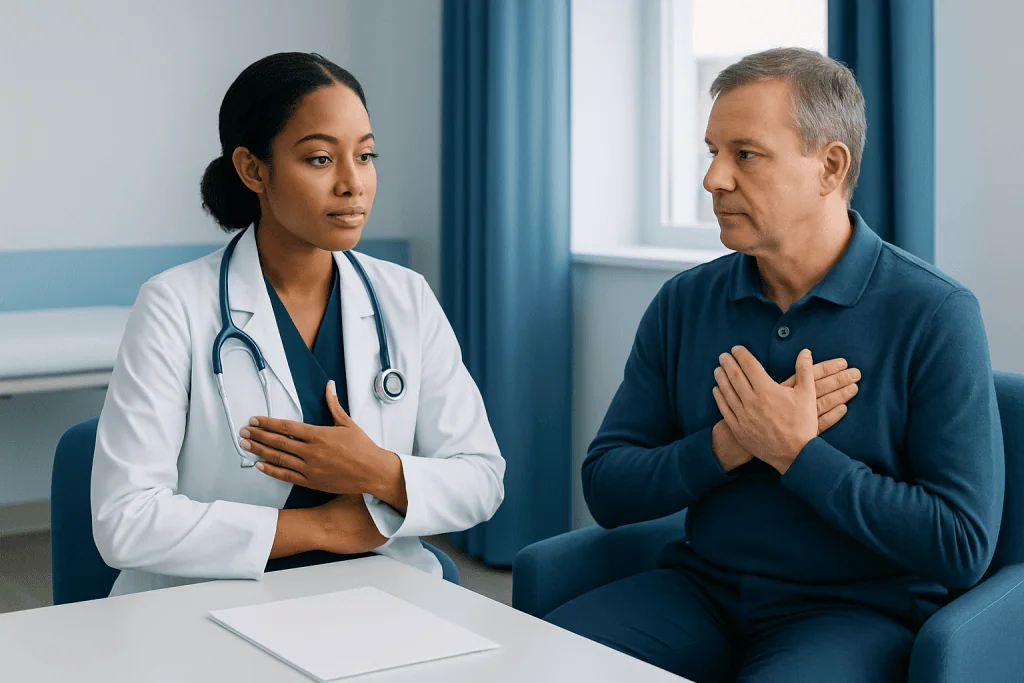 Doctor and patient discussing sternal precautions after heart bypass surgery.