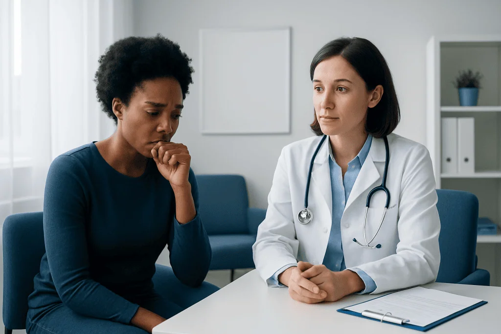 Doctor consulting with a patient about communicable diseases in a clinical setting.
