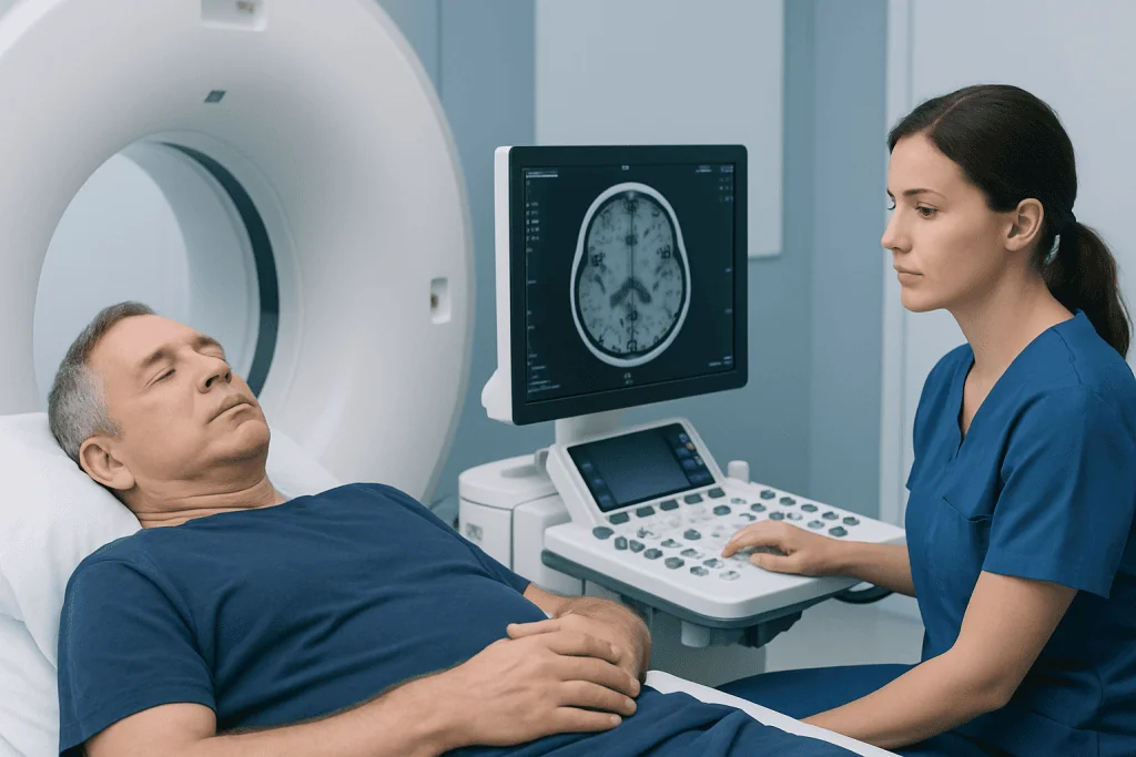 Patient undergoing brain scan at Acibadem Hospital with medical staff present.