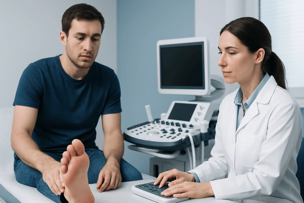 Doctor performing nerve test on patient with foot symptoms in clinic.