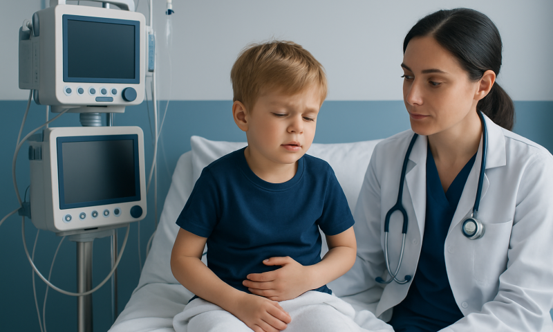 Pediatrician examining a child with stomach pain in hospital.