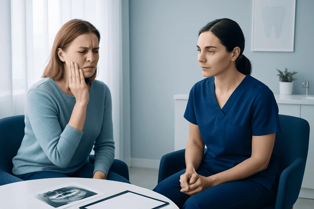 Patient experiencing dental discomfort during consultation at Acibadem Hospital.