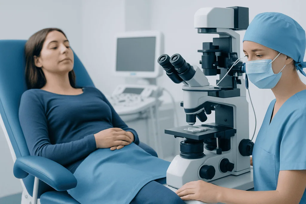 Fertility specialist preparing for an IVF procedure with a patient in a medical clinic.