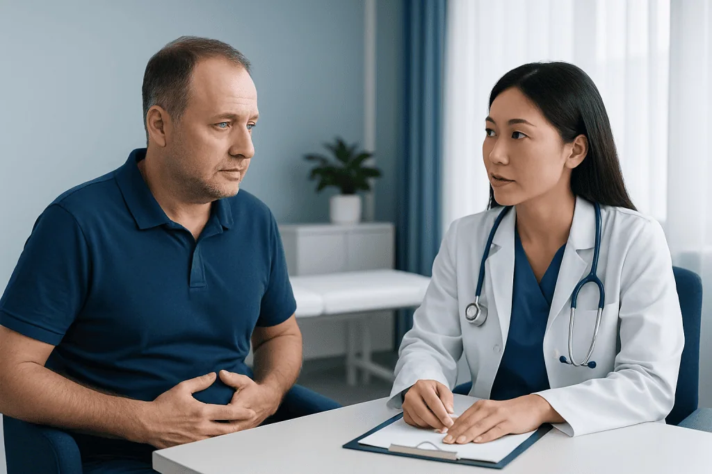 Doctor consulting with a male patient in a medical office setting.