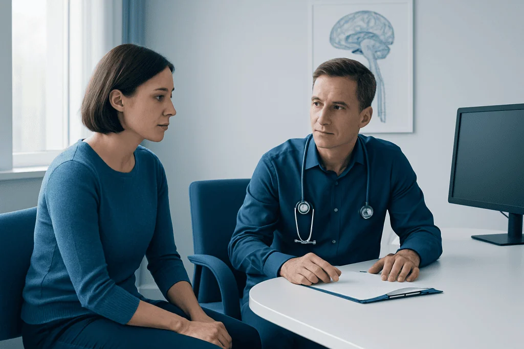 Doctor consulting a patient in a medical office with brain diagram on the wall.
