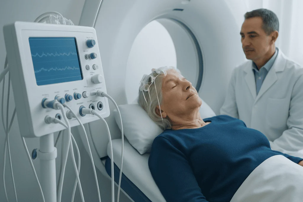 Elderly woman undergoing neurological examination in hospital.