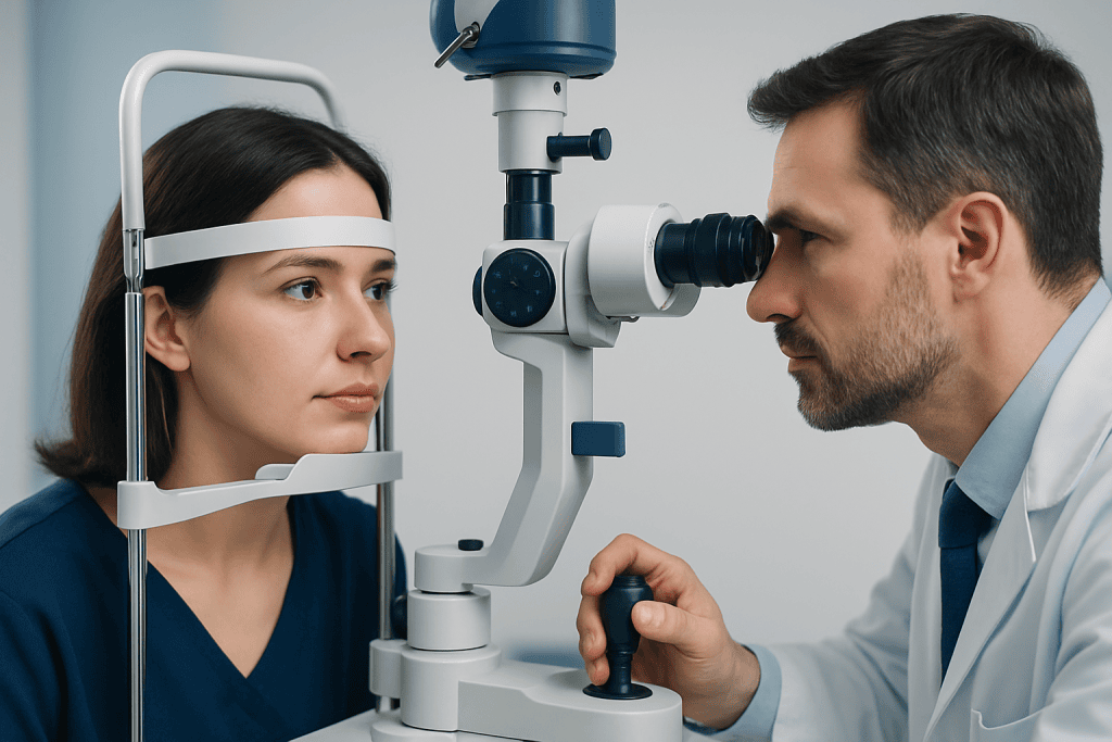 Ophthalmologist examining a patient's eye with a slit lamp microscope.
