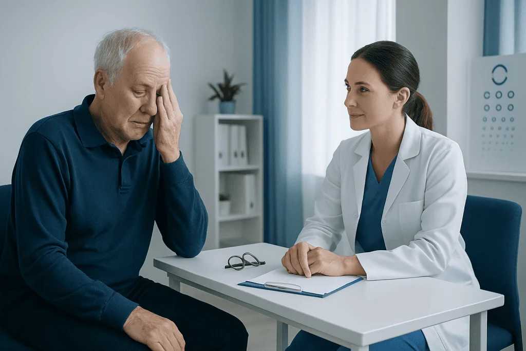 Doctor consulting with elderly patient about vision issues in a clinic.