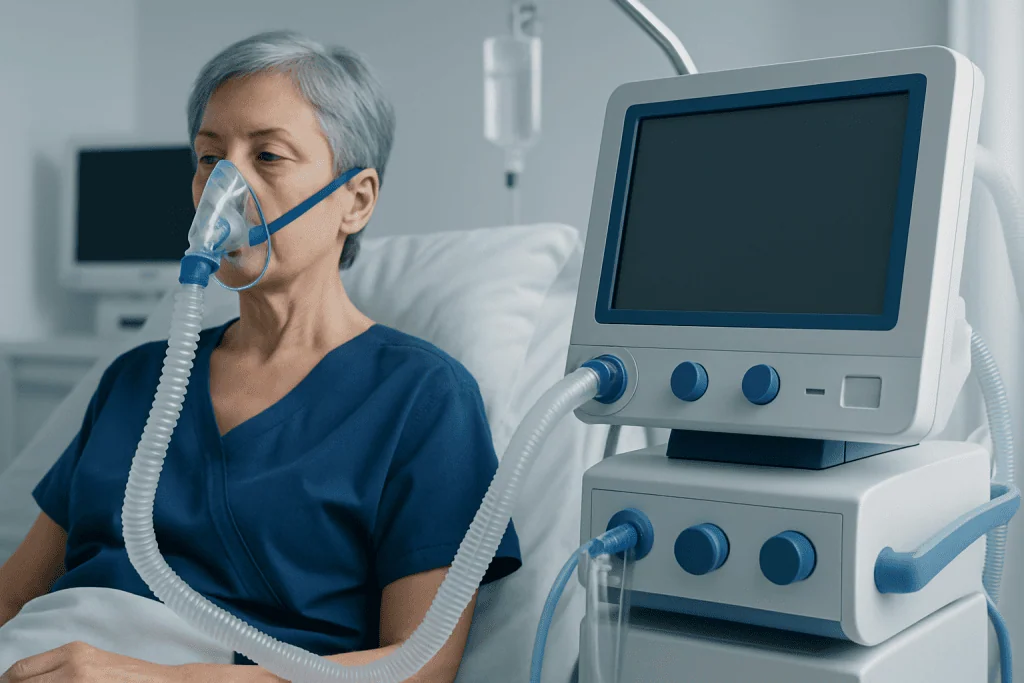 Patient with oxygen mask in hospital bed at Acibadem Hospital.