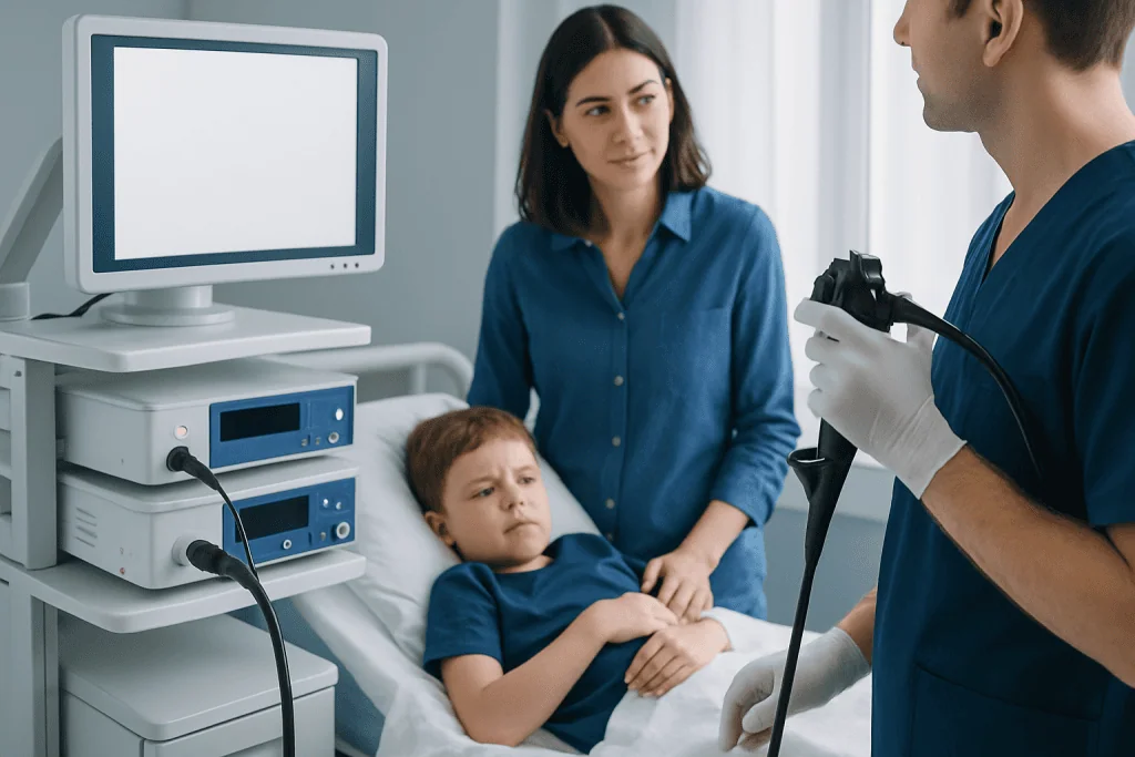 Pediatric doctor performing endoscopy on a young patient in hospital.