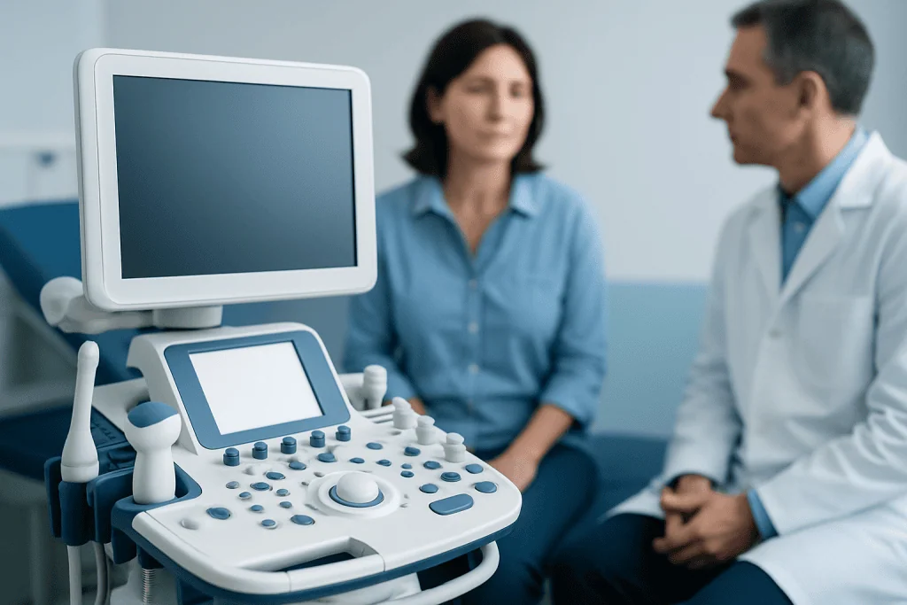 Doctor and patient discussing health in a medical consultation room.