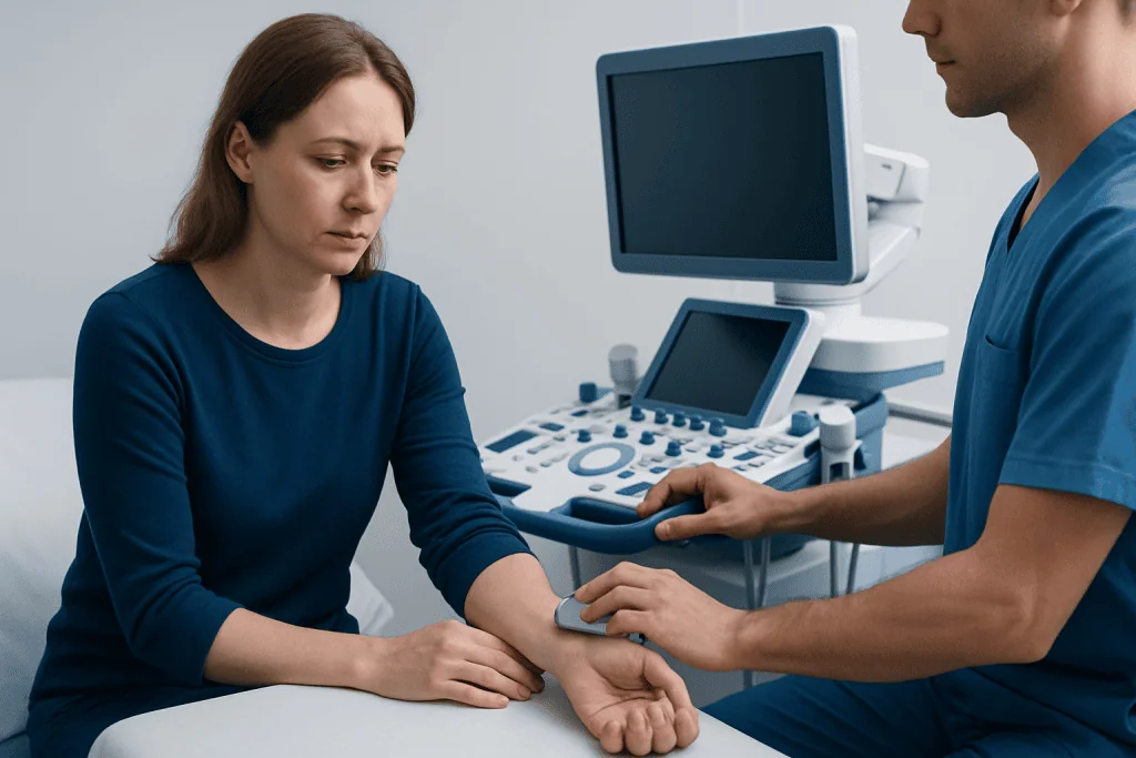 Doctor examining patient's wrist with ultrasound machine in clinic.