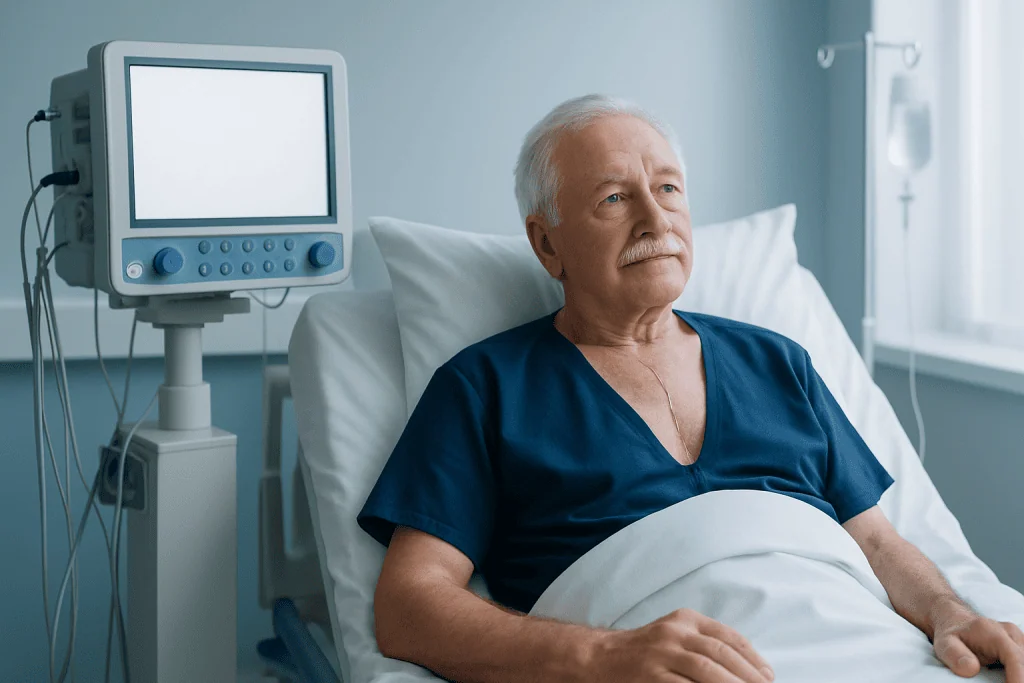 Older man recovering in hospital after coronary bypass surgery.
