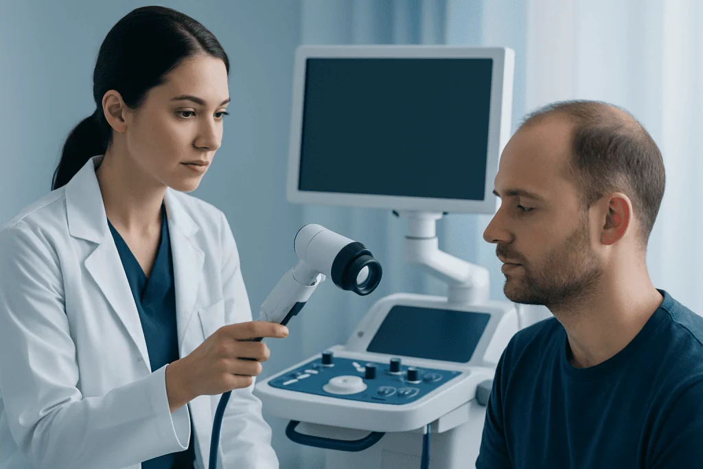 Doctor examining a patient with ultrasound device in a medical clinic.
