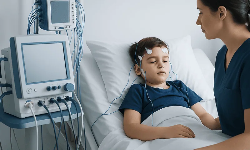 Child in hospital bed connected to medical monitoring devices.