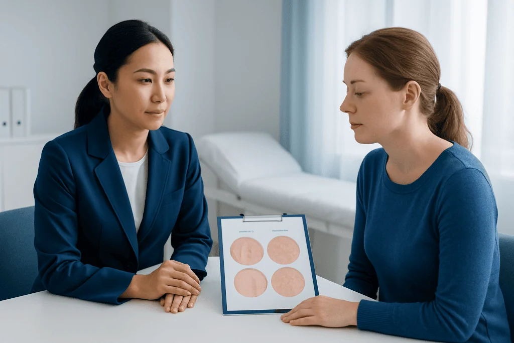 Dermatologist consulting with patient about skin conditions in clinic.
