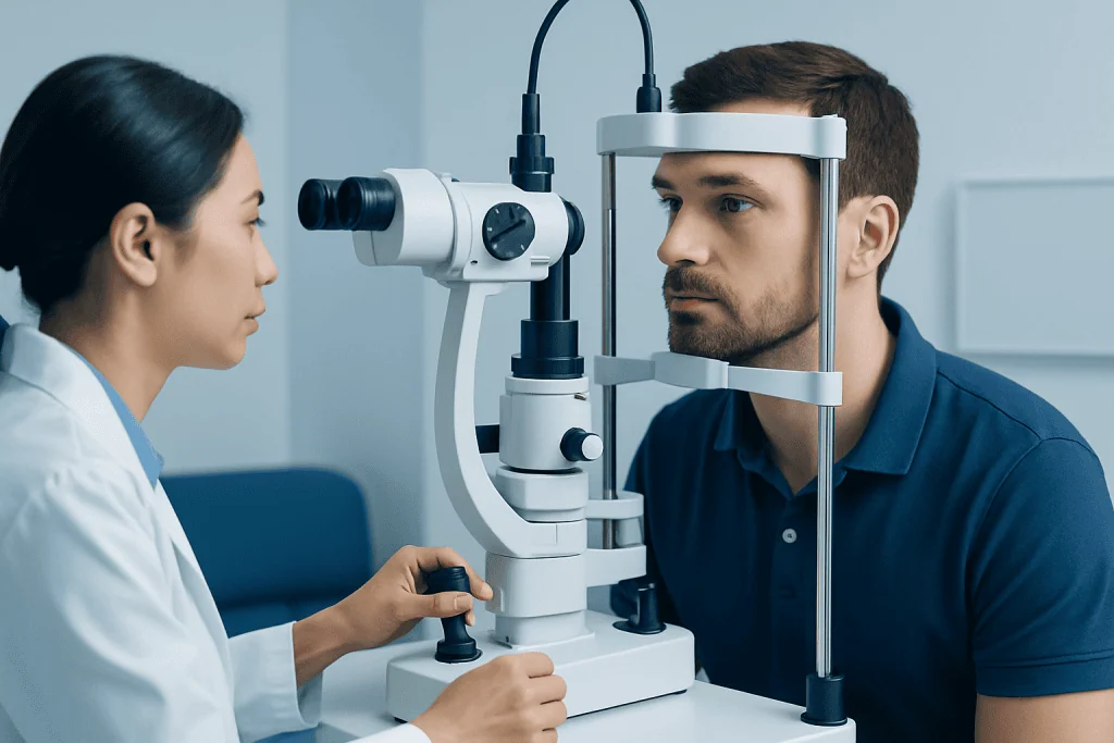 Neuro-ophthalmologist examining patient's eye with slit lamp and microscope.