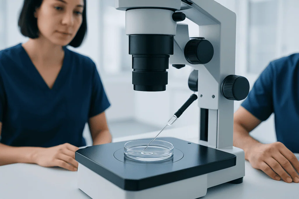 Laboratory scientists using a microscope for medical research or analysis.