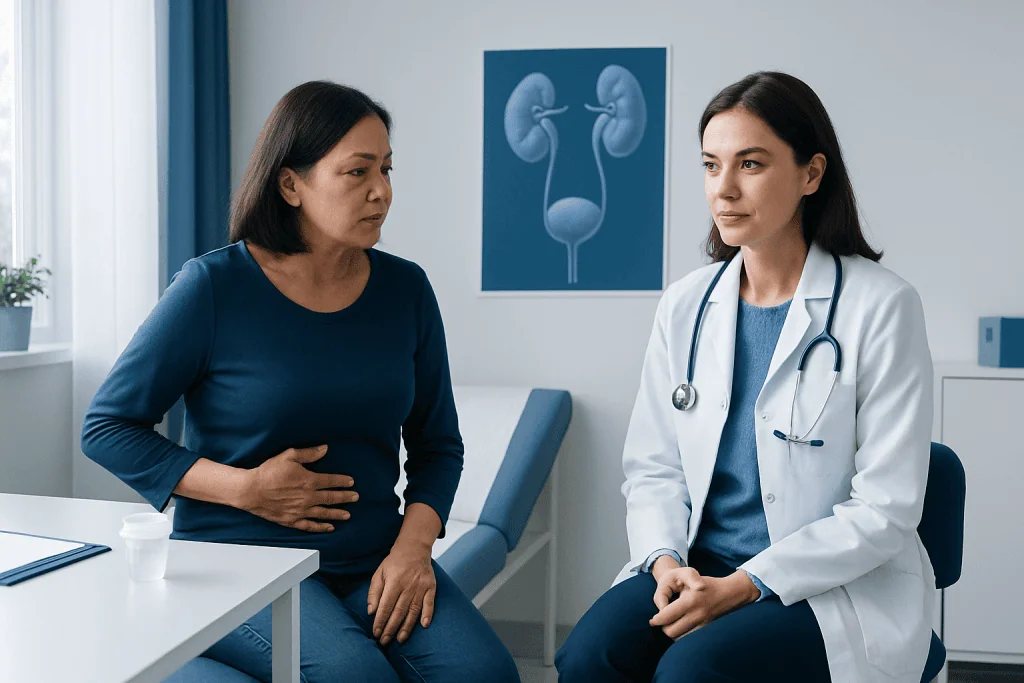 Doctor consulting with patient about urinary health in clinic.