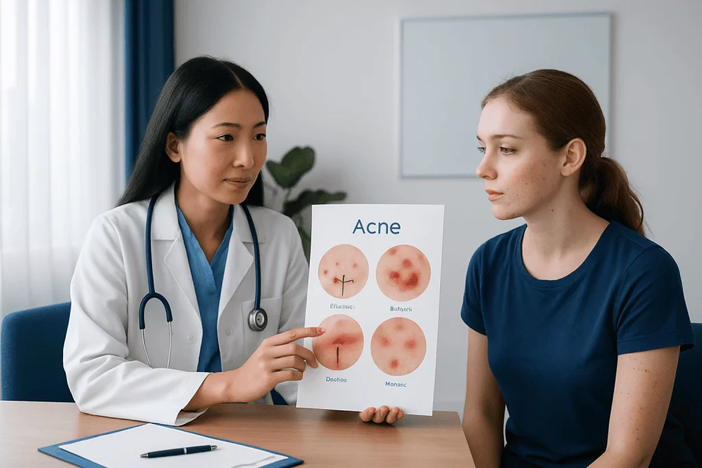 Dermatologist explains acne types to patient during consultation.