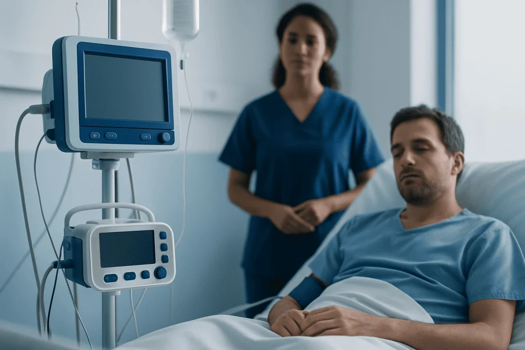 Hospital patient in bed with medical monitor and healthcare professional nearby.