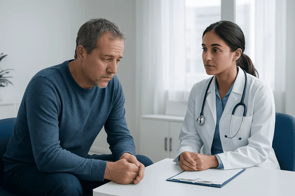 Doctor consulting with a male patient in a medical office setting.