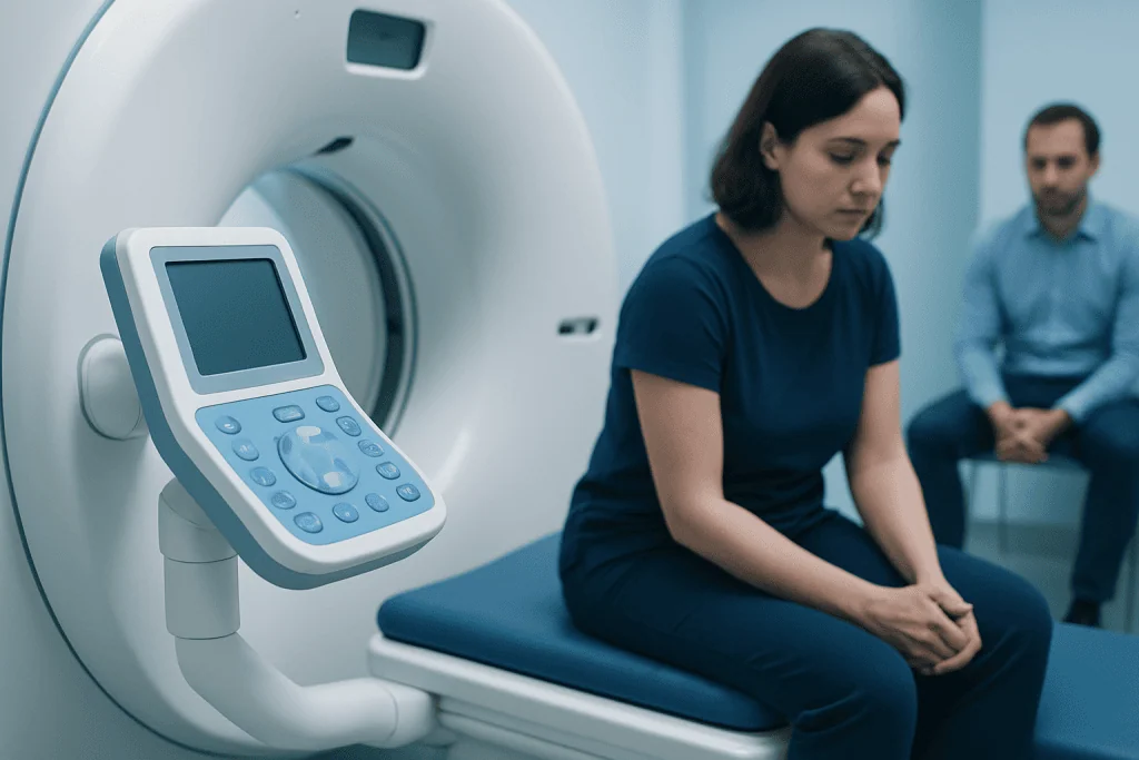 Patient undergoing a brain scan in a medical imaging room at Acibadem Hospitals.
