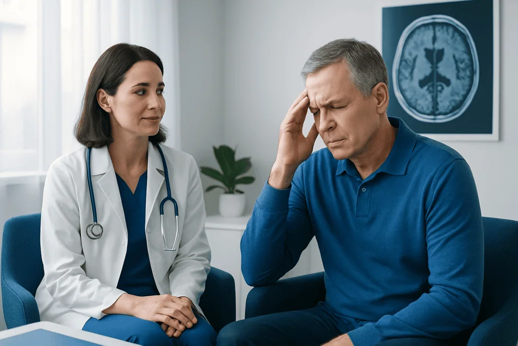 Doctor consulting with a patient experiencing headache or neurological symptoms.