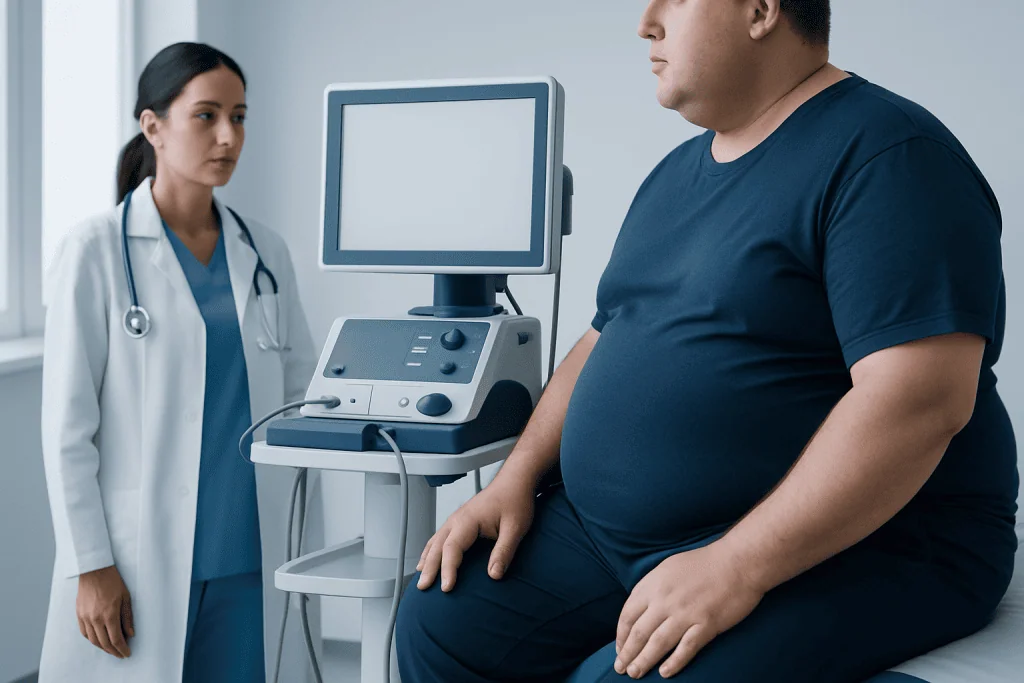 Doctor performing an ultrasound on a patient with obesity in a clinical setting.