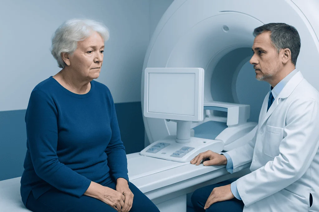 Older woman undergoing MRI scan at Acibadem Hospital.