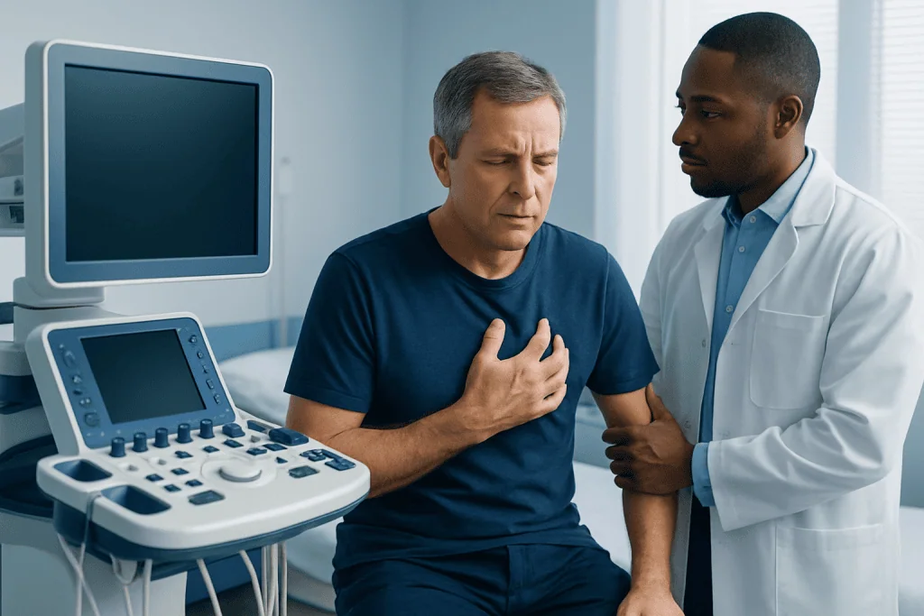 Doctor examining a man with chest pain using an ultrasound device.