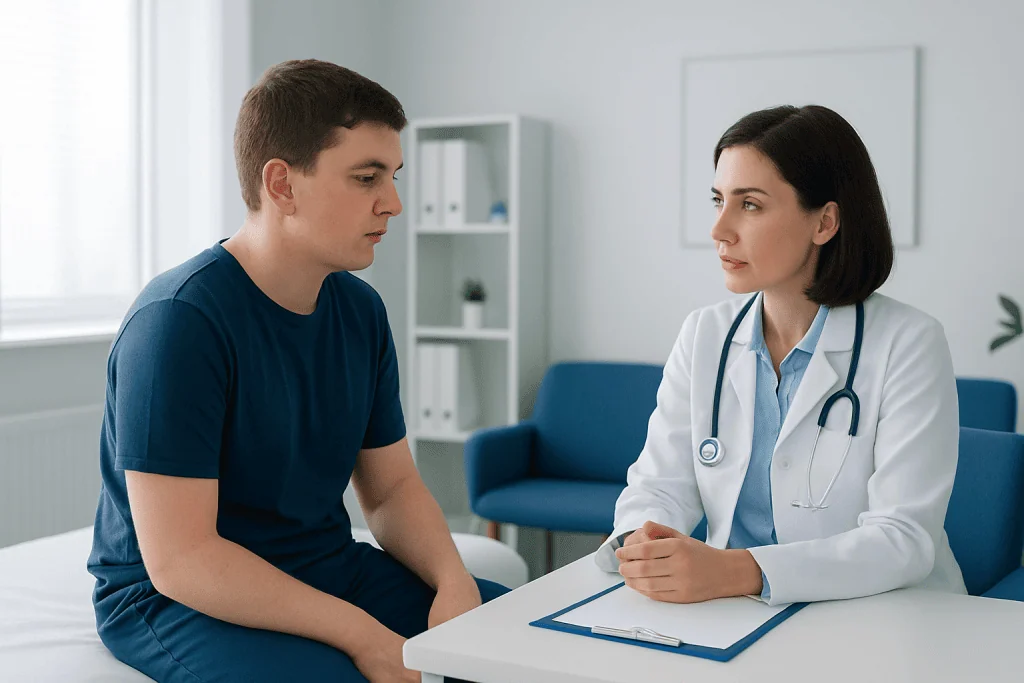 Doctor consulting with a young male patient in a medical office.