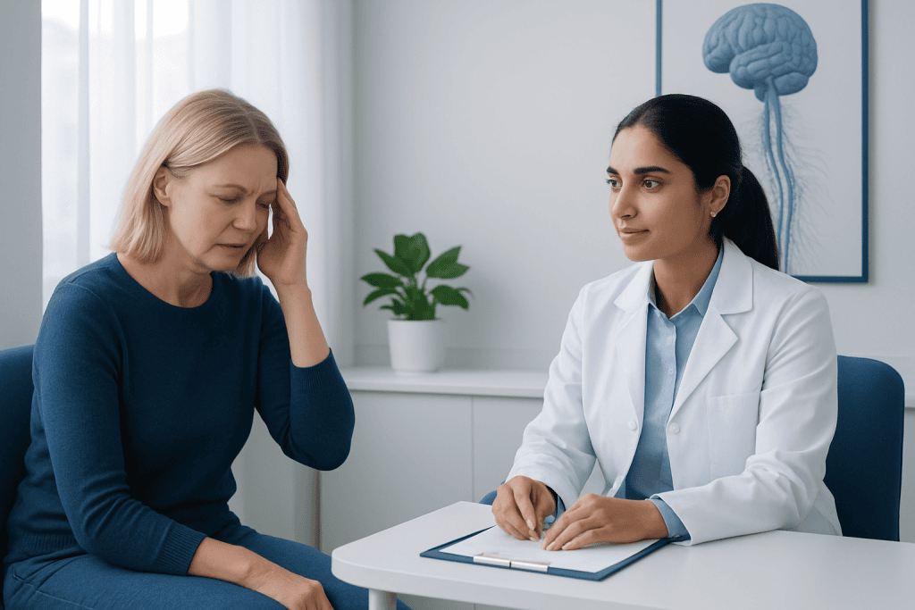 Neurologist consulting with a patient in a medical office setting.