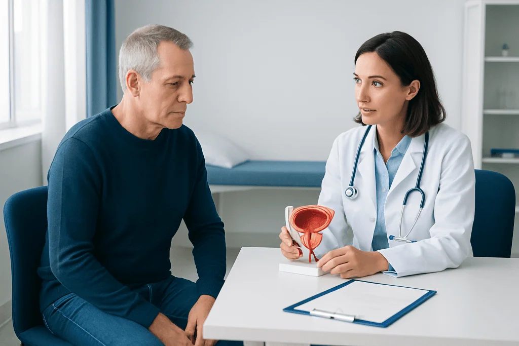 Urologist explaining prostate health to a patient in a medical consultation.