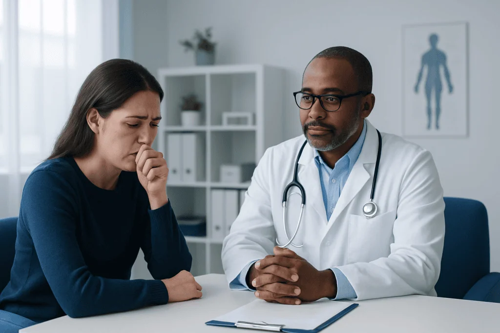 Doctor consulting with worried woman about health concerns in clinic setting.
