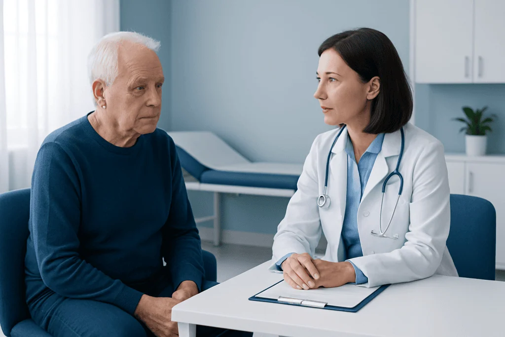 Doctor consulting with elderly patient in a medical office.