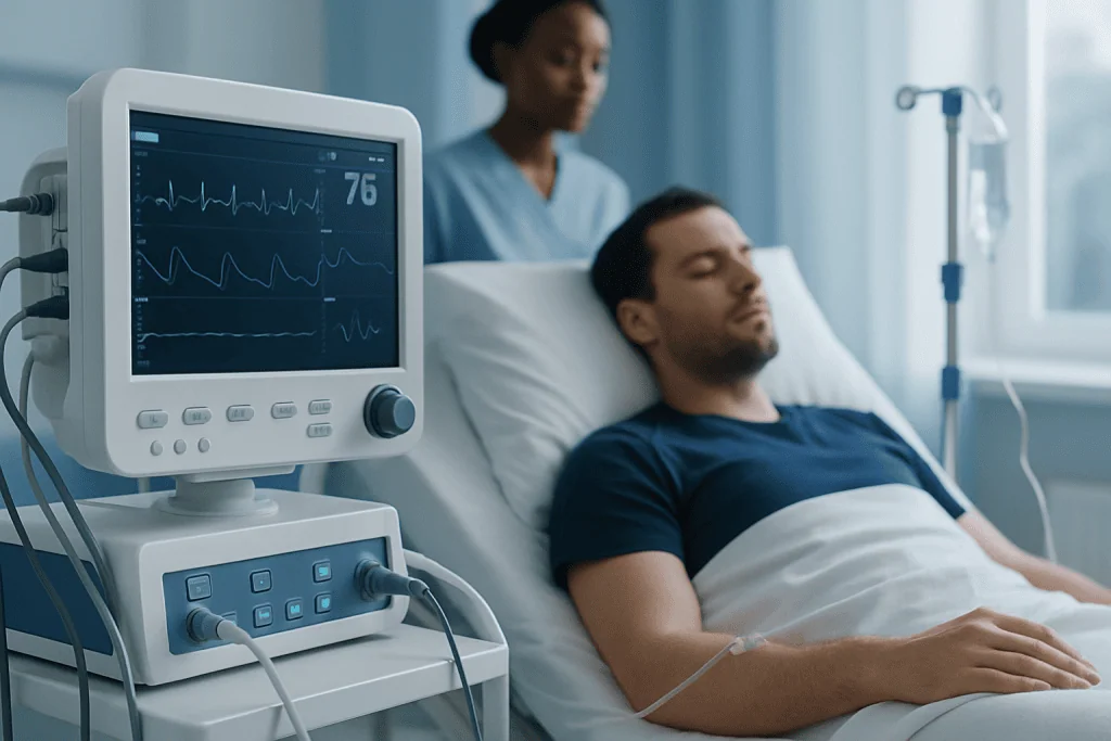Patient in hospital bed with medical monitor showing vital signs.