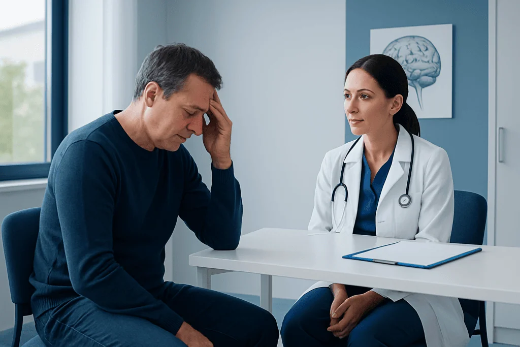 Patient consulting with a doctor in a hospital setting.