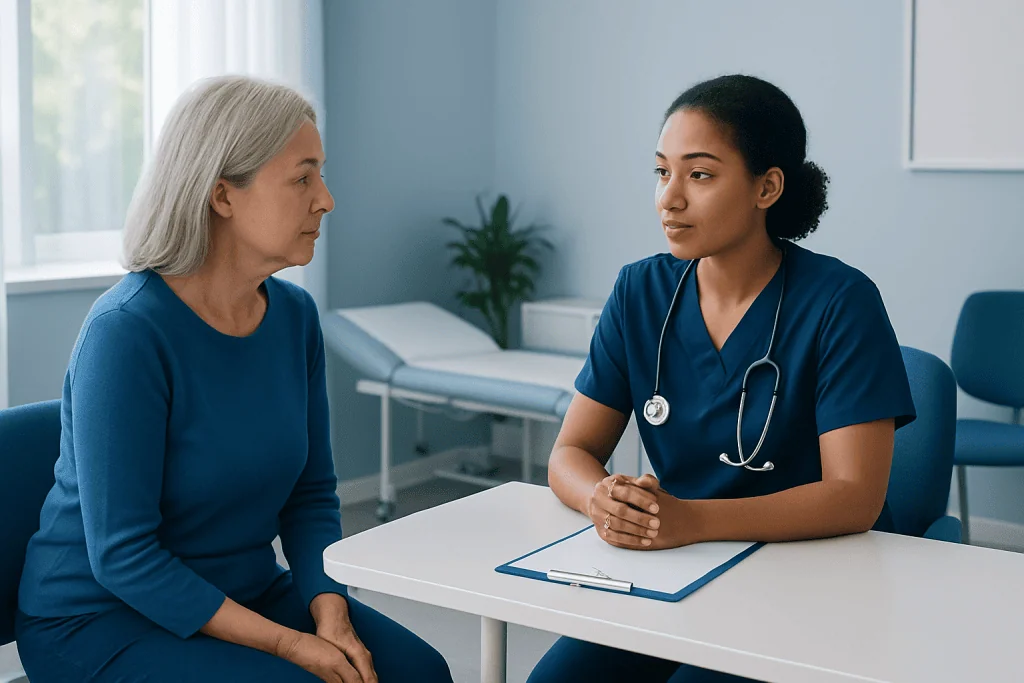 Doctor consulting with a patient in a hospital room.