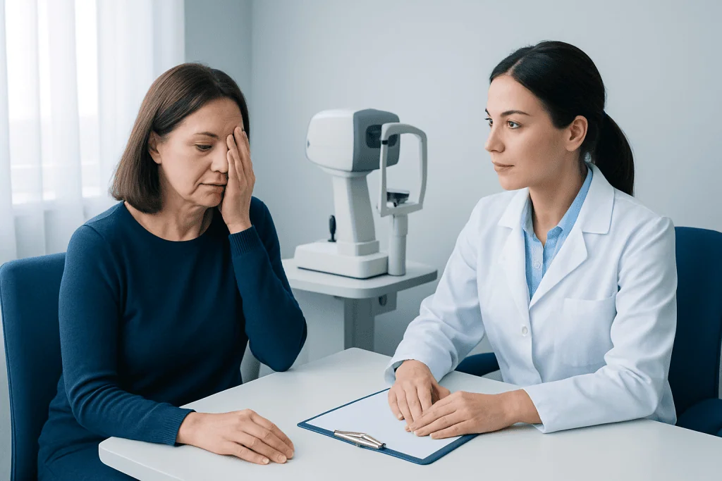 Patient consulting with ophthalmologist about vision recovery after Femto LASIK.