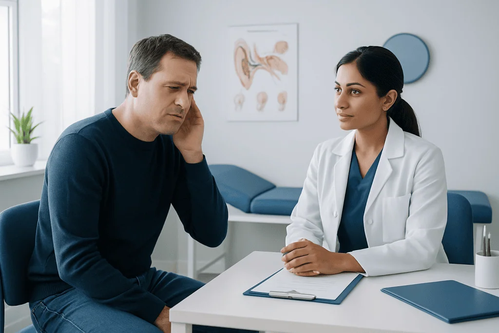 Patient consulting with ENT specialist about ear health and Tympanoplasty recovery.
