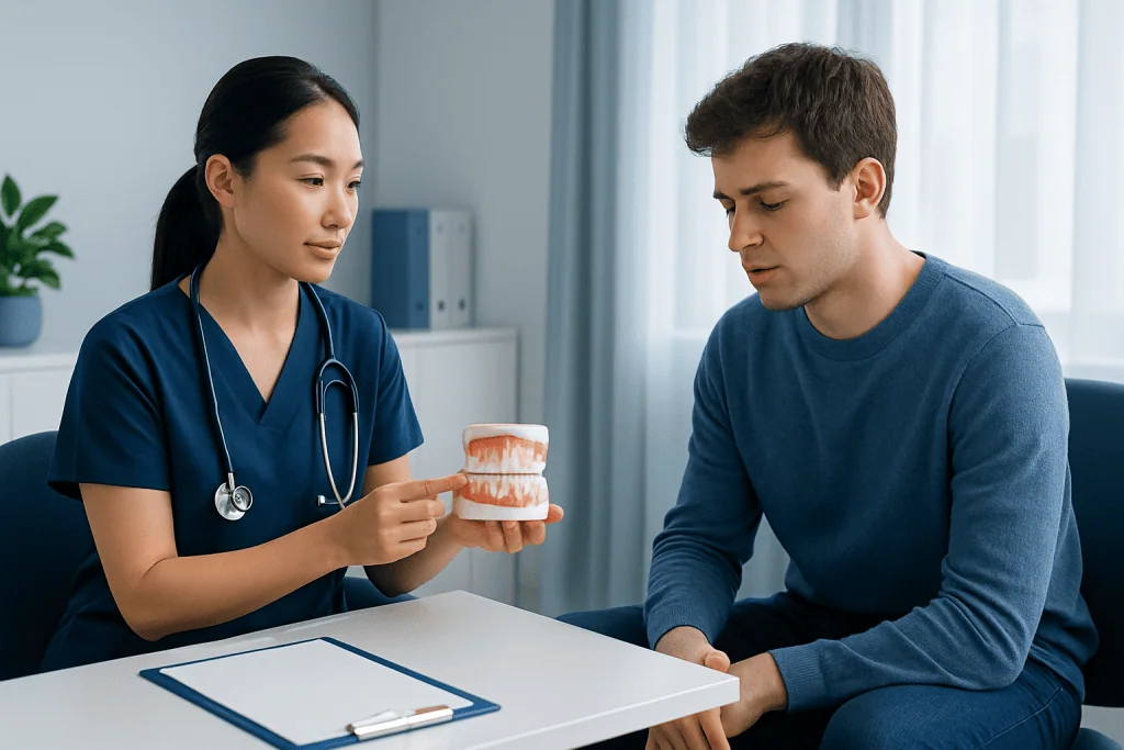 Dentist explaining wisdom teeth recovery to patient with dental model.