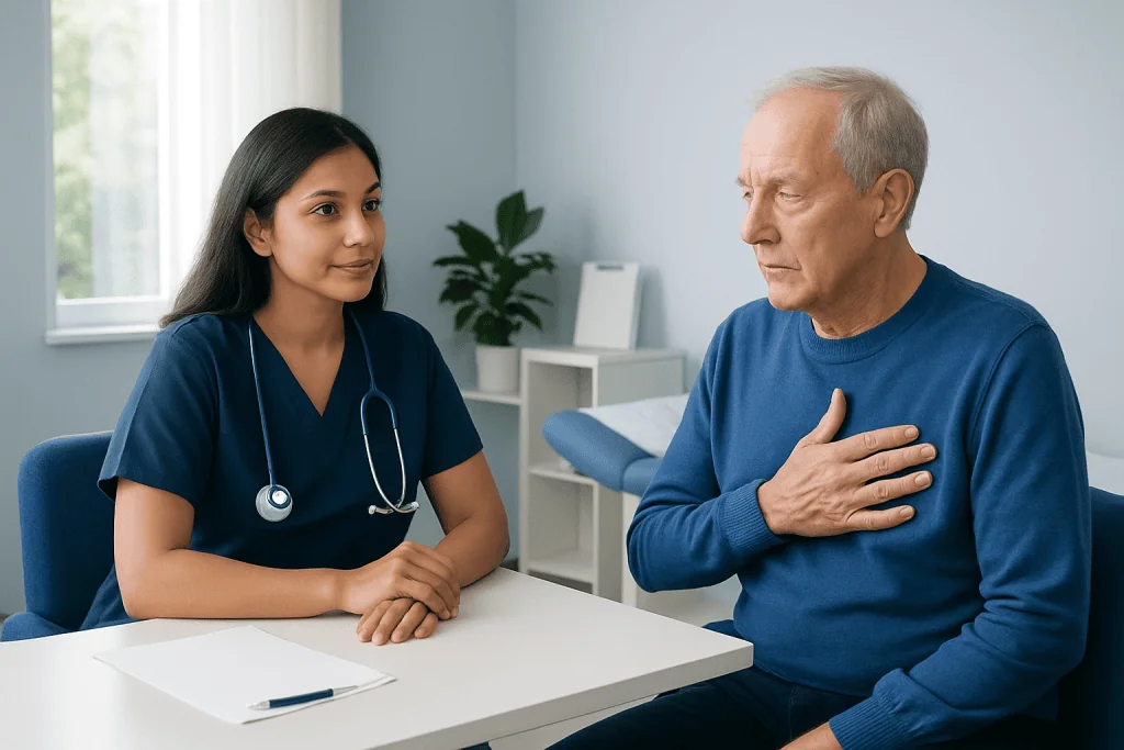 Doctor discussing pacemaker recovery with elderly patient in clinic.