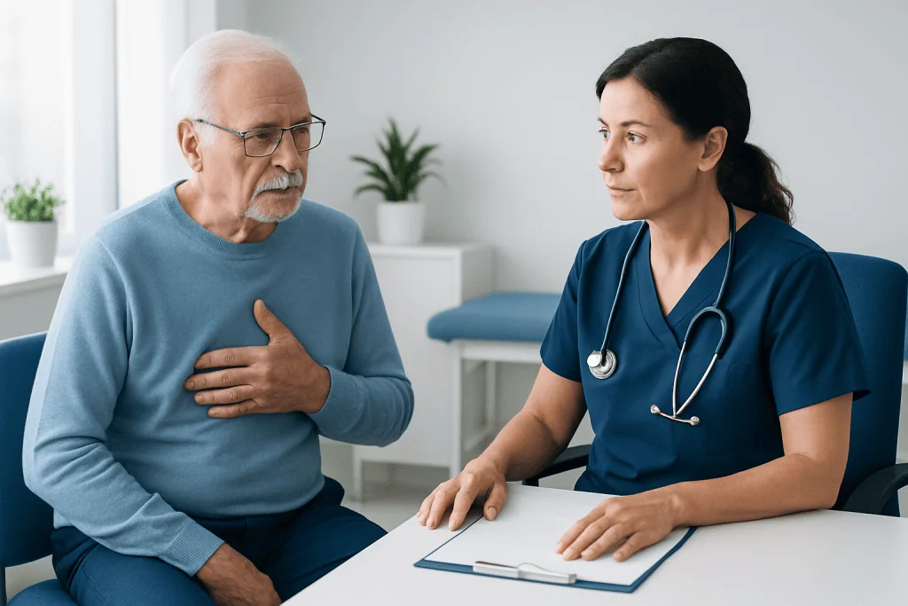 Older man consulting with a healthcare professional about recovery.