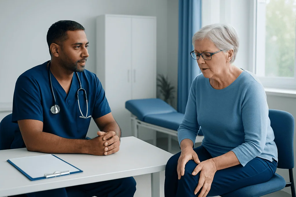 Doctor consulting with elderly woman about knee pain after surgery.
