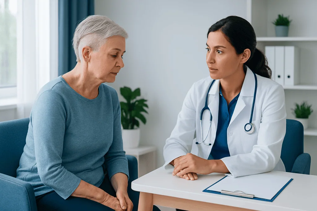Doctor consulting with elderly woman in a medical office.