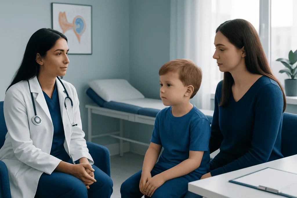 Pediatric consultation at ear specialist clinic for ear tubes recovery.