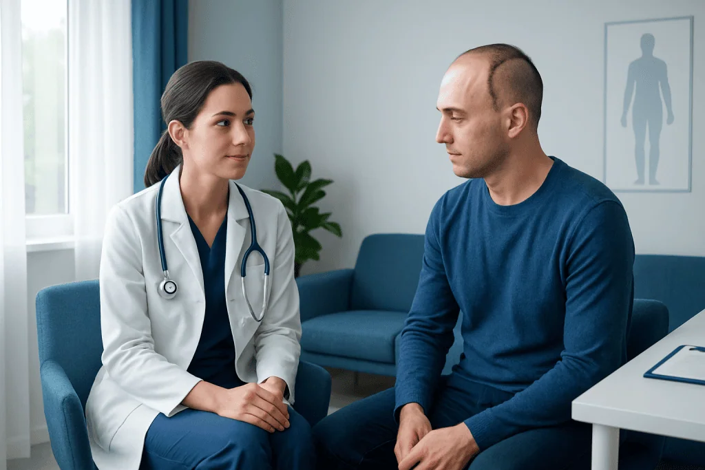 Doctor consulting patient in a medical office setting.