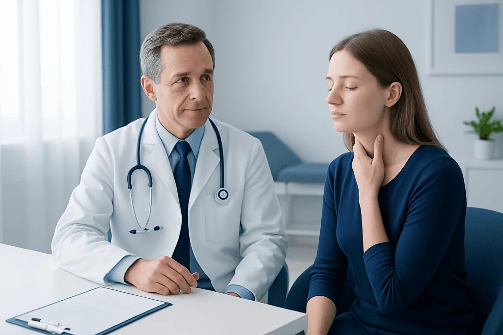 Doctor consulting with a young woman in a medical office setting.